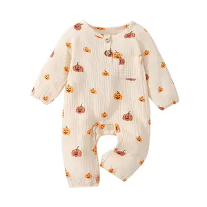 Unisex Baby Halloween Romper Pumpkin Print O Neck Long Sleeve Button Jumpsuit Infant Toddler Boys Girls 0-18 Months Bodysuit