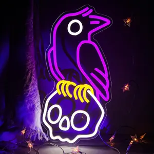 Crow Skull Neon Light for Wall Decoration, Adjustable Horror Neon Sign, Cave Beer Bar Game Room Party Decor, Raven Gift, Led Neon Lights