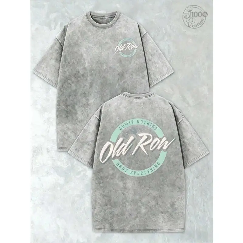 Thickened Cotton Old Row Grey And Teal Circle Logo Double-Sided Print Summer Men's Fashion Washed Vintage Batik T-Shirt, Street Retro Style Round Neck Short Sleeve2026,Summer Outfits For Women,Graphic T Shirts