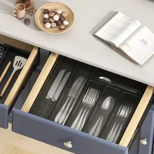 1-Pack Silverware Organizer with Lid - Kitchen Organizers 6 Compartments Plastic Storage Box for Spoons, Forks & Knives | Kitchen Drawer/Countertop Utensil Tray (Black & Gray)