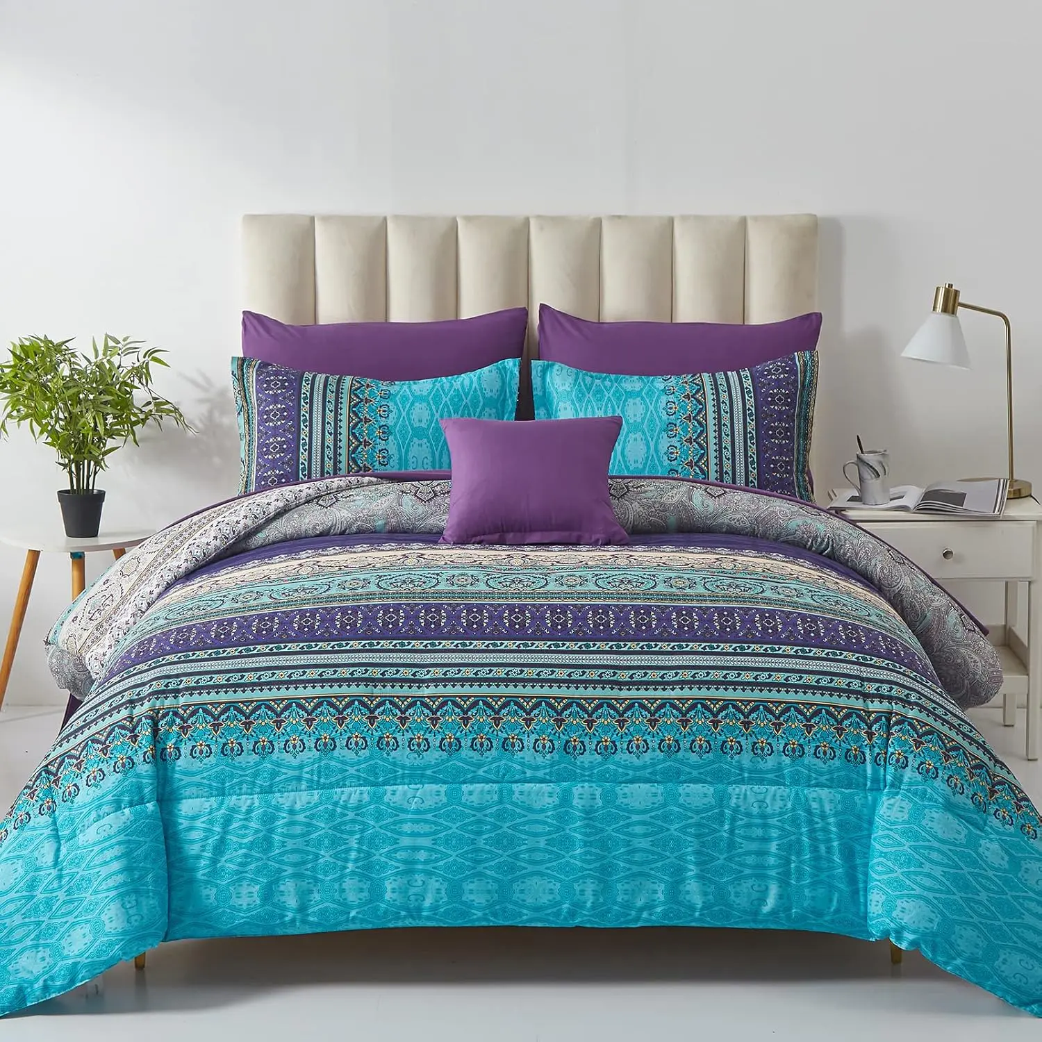 Boho Comforter Set King Size 8 Piece Bed in a Bag Bohemian Striped Bedding Set Aqua Paisley Floral Comforter and Sheet Set,Soft Microfiber Complete Bedding Sets for All Season