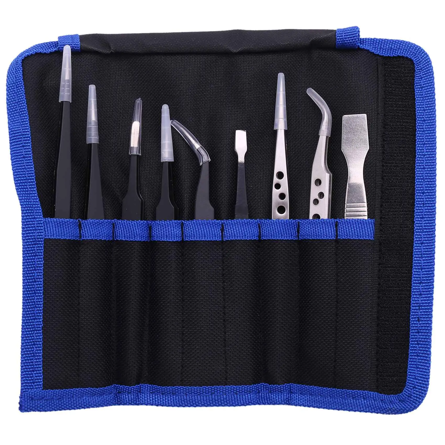 9-Pcs Stainless Steel Anti-Static Precision Tweezers Set, Acid-Proof Corrosion-Resistant Metal Curved Tweezers for Electronic & Mobile Phone Repair Hand Tools (Automotive & Motorcycle Exterior Accessory Compatibility)
