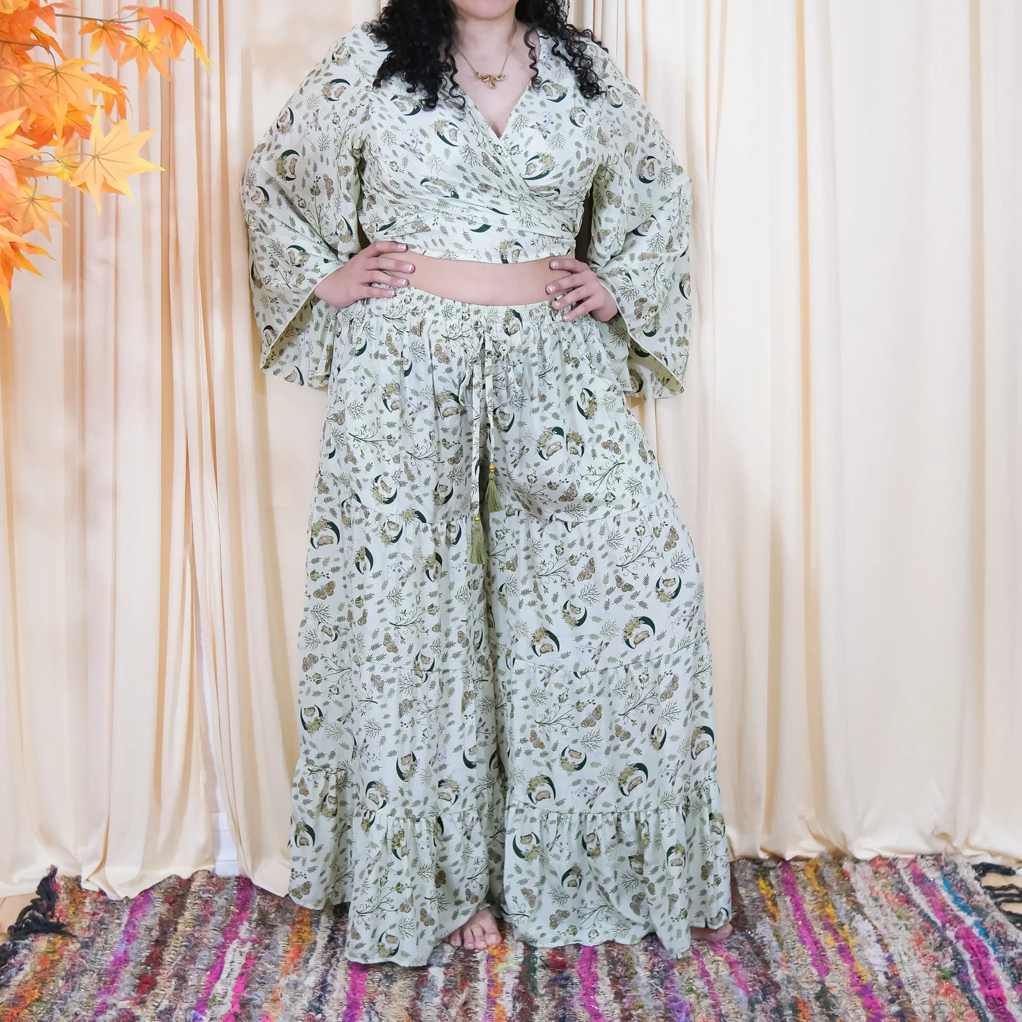 Flowy Celestial Pants, Bohemian Wide Leg Palazzo Pants,Bell Bottom Flare Pants and  Bell Sleeve Top, Boho+ Hippie Two Piece Set, Festival OOTD