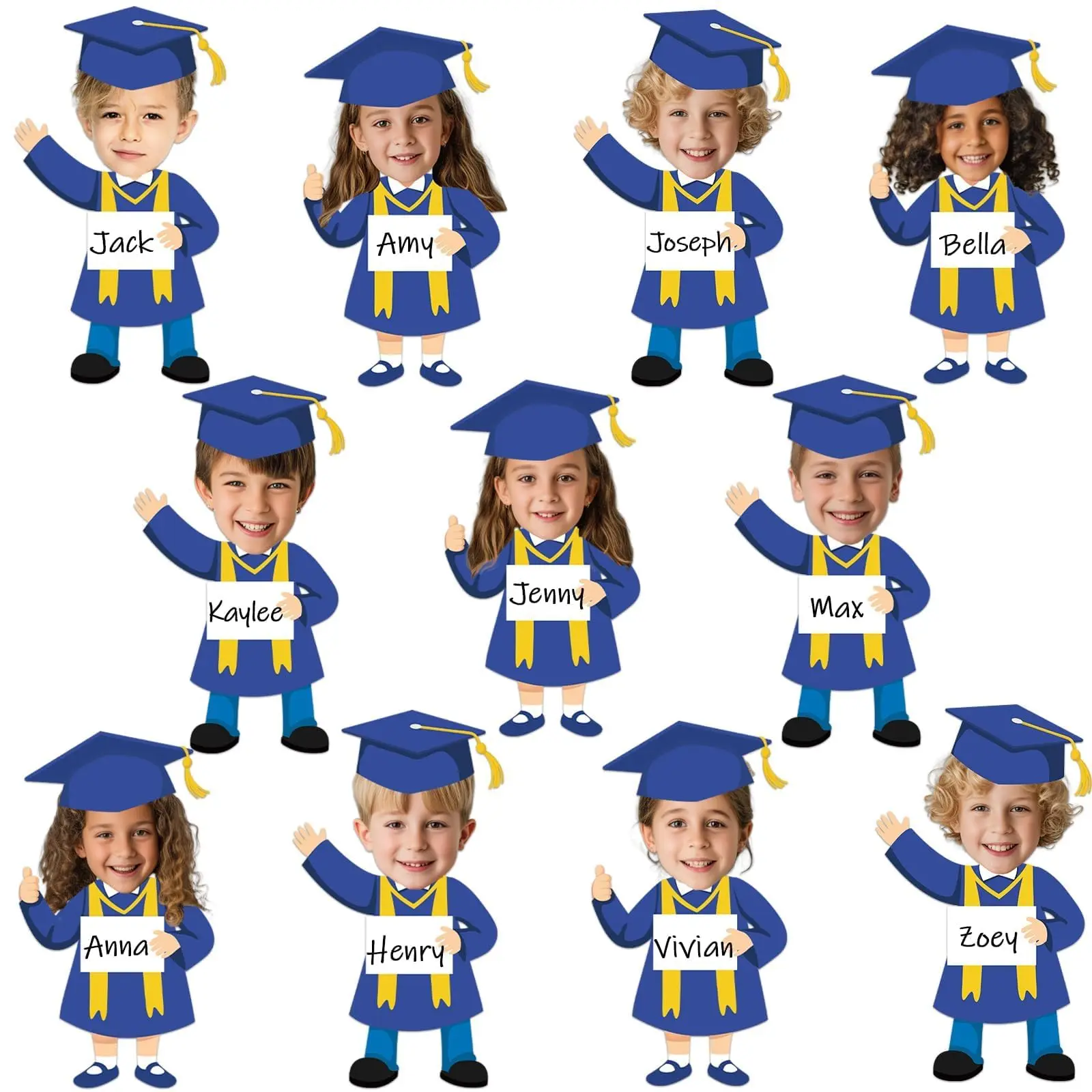 50-piece set graduation hat and gown cutouts, blue and gold graduation bulletin board decorations, paper cutouts, classroom decor for boys and girls, DIY crafts, kindergarten school home wall party supplies
