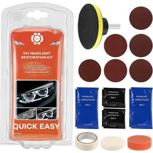 Headlight Restoration Kit, 3 Easy Steps to Restore Sun Damaged Automotive Headlights Lens, Polish Restorer Cleaner Tool DIY Polishing, Sanding Discs, Scouring Pads for Electric Drill