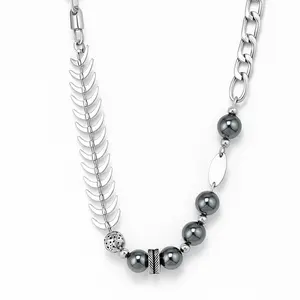Street Punk Fishbone Chain Necklace - Titanium Steel Beads Jewelry for Men & Women 19.7 in Length Stainless Steel Unisex Necklace