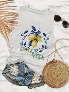 Women's Letter & Lemon Print Round Neck Tank Top, Casual Sleeveless Crew Neck Top for Summer, Ladies Clothes for Daily Wear, Tropical, Socks