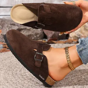 Women's Retro Suede Mules Slippers Comfort Cork Footbed Slip-On Clogs Sandals with Buckle Detail Indoor Outdoor Shoes Springfresh Platform Footwear