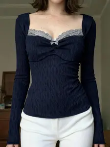 Vintage Square Neck Slim Fit Lace Patchwork Knit Long Sleeve Top, Sweet Ruched Bow Cute Spring Shirt, College Style Y2K Aesthetic Tee