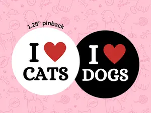 i love cats dogs pinback button – 1.25” animal lover badge – cute pet pin – cat mom dog dad gift