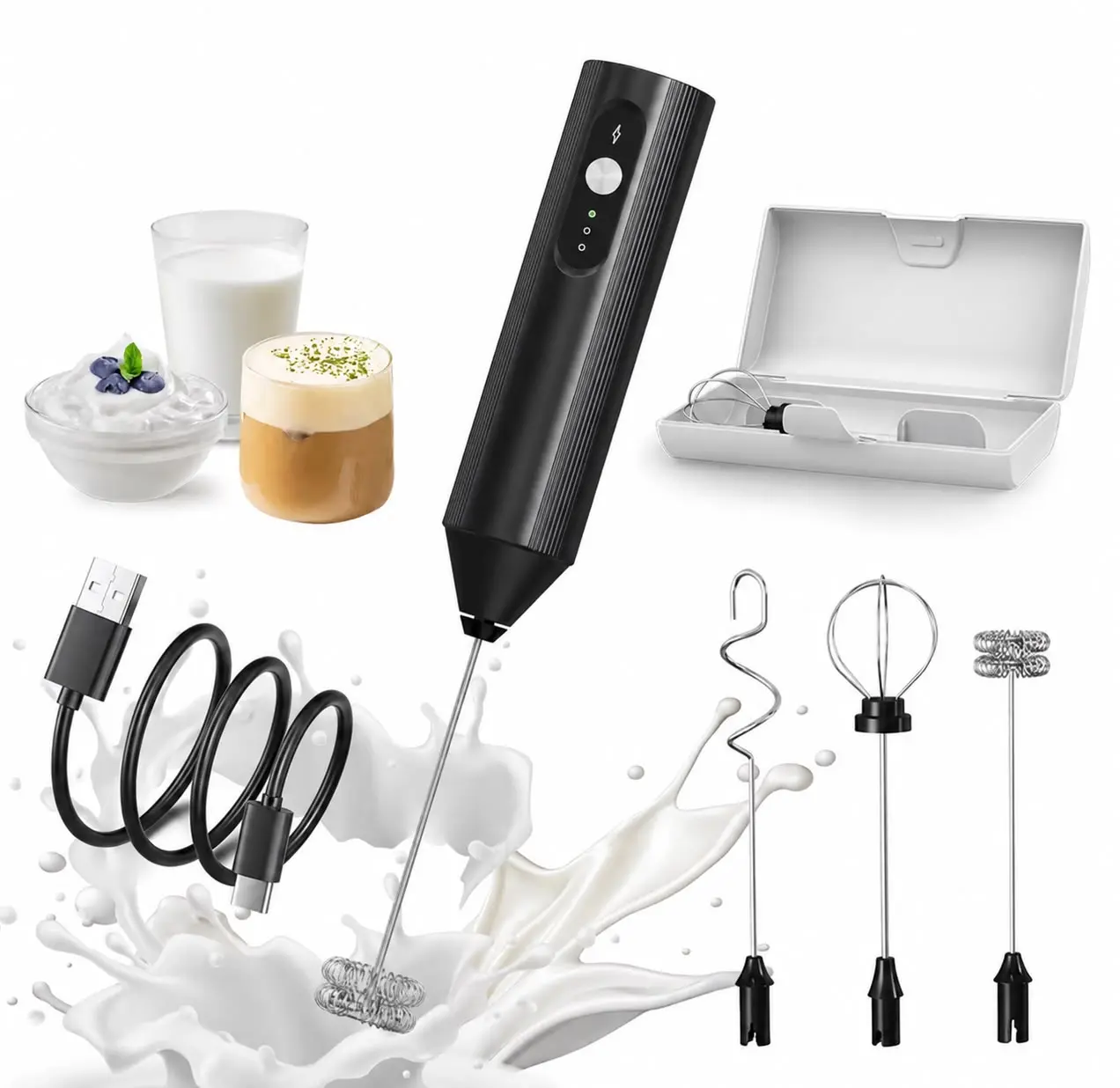 Handheld Milk Frother Handheld 3-in-1 USB Rechargeable Coffee Frother
