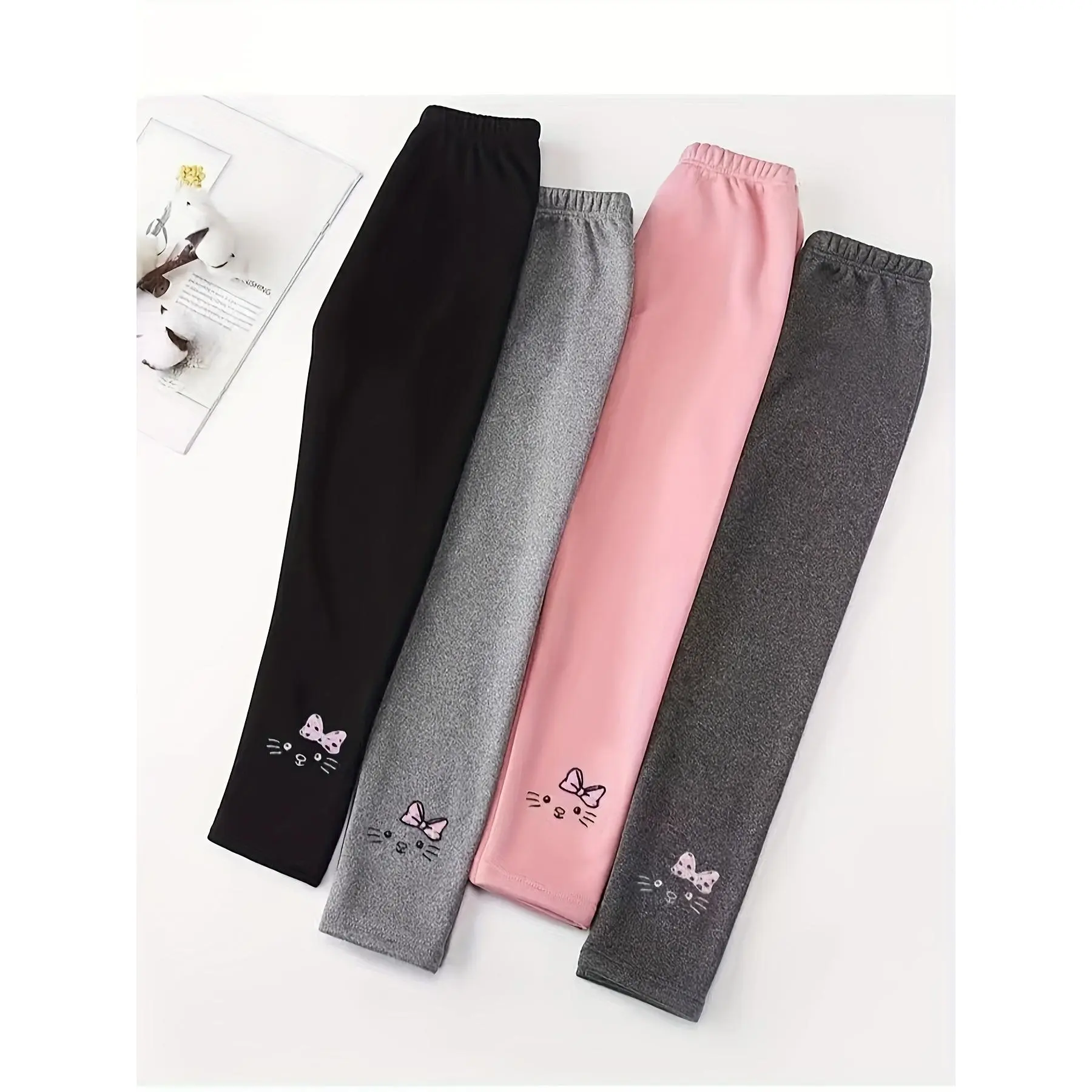 Girls' 4-Pack Fleece-Lined Knit Fabric Base Layer Pants, Thick Warm Winter Long Length Medium Stretch Leggings with Cartoon Embroidery, Regular Fit Polyester, Long Length Pants, Medium Stretch Pants