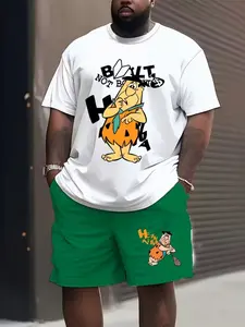 Large Size Modern Cave Man Theme Casual Set, Outfit, Cartoon Print Fashion Vital Style, Loose-Fitting Short Sleeve Tee, All Seasons Wear, Menswear