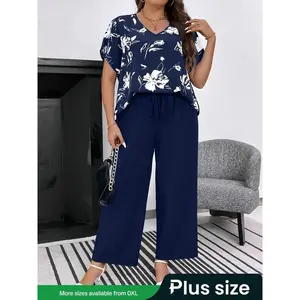 Plus Size Floral Print Co-ord Set, Elegant Batwing Sleeve Blouse & Elastic Waist Pants Set for Daily Wear, Women's Two-piece Outfits for Summer(Sheet)