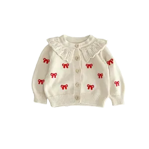 Baby Girl Cardigan - Soft Knit Sweater with Beige & Red Accents, Easy Button Placket Closure, Machine Washable Winter Outfit for Newborns & Infants - Everyday & Special Occasions, Infant Wardrobe Essential, Playful Knitwear, Comfortable Infant Wear, Newbo