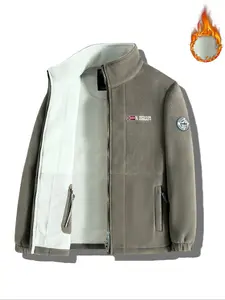Men's Fall Winter Solid Color Letter Fleece Jacket, Thick Warm Outdoor Casual Plush Coat with Pockets, Thermal Lined Jacket, Stylish Stand Collar Top