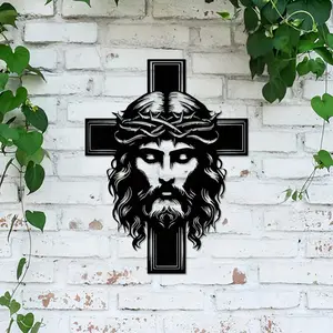 Jesus Christ Cross Metal Wall Art, Silhouette Crucifix with Crown of Thorns, Christian Religious Wall Decor for Home Living Room Bedroom Church, Religious Decoration