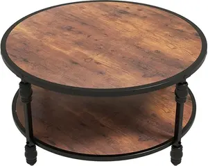 Round Coffee Table Living Room 2-Tier Rustic Wood Center Table with Storage Shelf Modern Circle Coffee Table with Sturdy Metal Legs, Easy Assembly