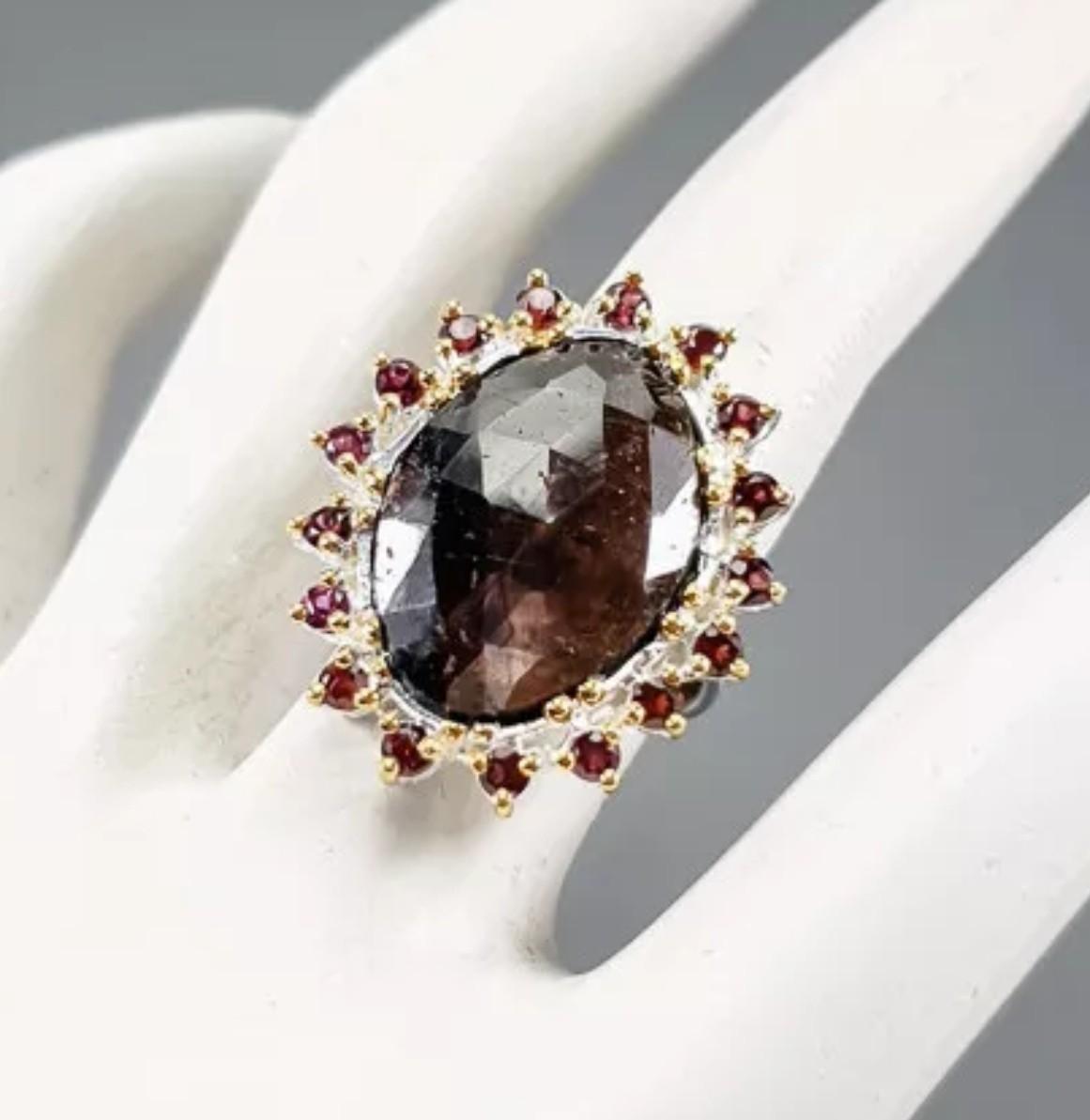 14k White & Yellow Gold Plated Sterling Silver Ring with 21x15 Black Sapphire & Rhodolite Garnet Gemstone, Size 8 9.1g