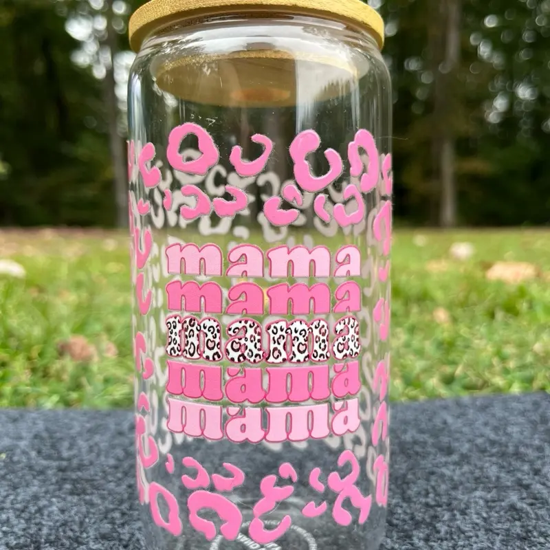 Mama Glass 16oz Cup with Pink Leopard Print Design and Bamboo Lid for Everyday Use
