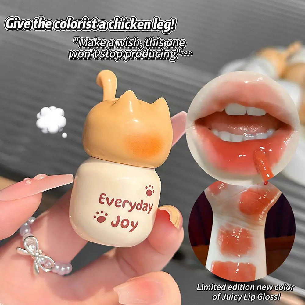 Cute Orange Cat Water Gloss Lip Glaze, Clear Hydrating Moisturizing Mirror Finish, Smooth Non-Drying Long-Lasting Lip Tint, For Plump Glossy Lips, Portable Daily Lip Makeup for Students