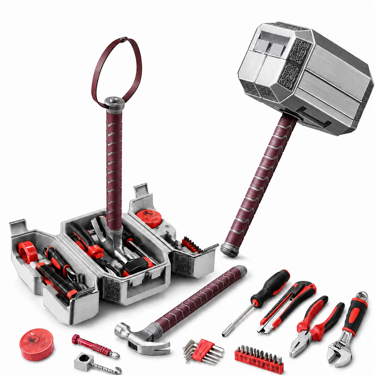 Hammer Tool Box, 29pcs Multifunctional Home Repair Tool Kit - Perfect Father's Day Gift for Dad/Husband, Novelty Mjolnir Tool Set for DIY Projects & Daily Maintenance