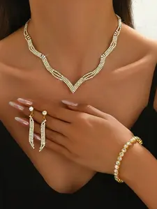 4PCS Wedding Bridal Jewelry Set – Elegant Necklace, Earrings, Bracelet, Geometric Design, Perfect for Parties & Thanksgiving