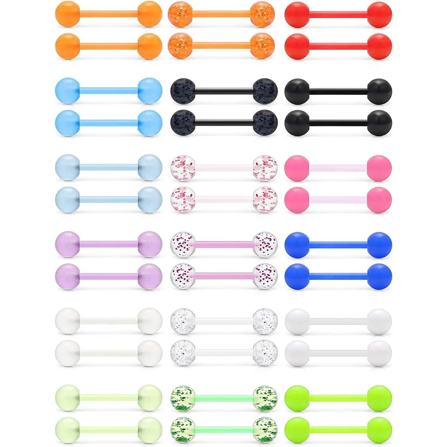 14G 16mm Glow-in-the-Dark Flexible Acrylic Straight Bars Body Jewelry - Hypoallergenic Bioplastic Lip Piercing Ring Tongue Nipple Retainer, Assorted Colors Fashion Piercing Accessory