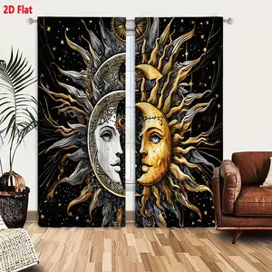 2D Flat Ramadan Curtain Set 2 Pieces, Black Gold Celestial Sun Moon Patterned Design, Starry Sky Background Ornate Mystical Decor, for Living Room Bedroom Window, Silver & Gold Accents, Sun Moon Interwoven Artwork Curtains