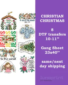 Christian Christmas DTF Gang Sheet 8 Designs 23x40" Ready To Press for Cotton Polyester & Blends Same/Next Day Shipping Crafts Silk Screen