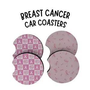 Breast Cancer Car Coasters - 1 Pack 2pc Set Neoprene Foam Handmade with Sublimation for Car Accessories Unique Personalized Touch
