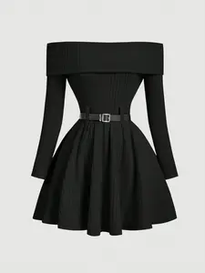 Black Mini Dress Off Shoulder Long Sleeve A-Line Party Dress for Women with Belted Rib-Knit Design Flared Hem Soft Medium-Stretch Knitted Fabric