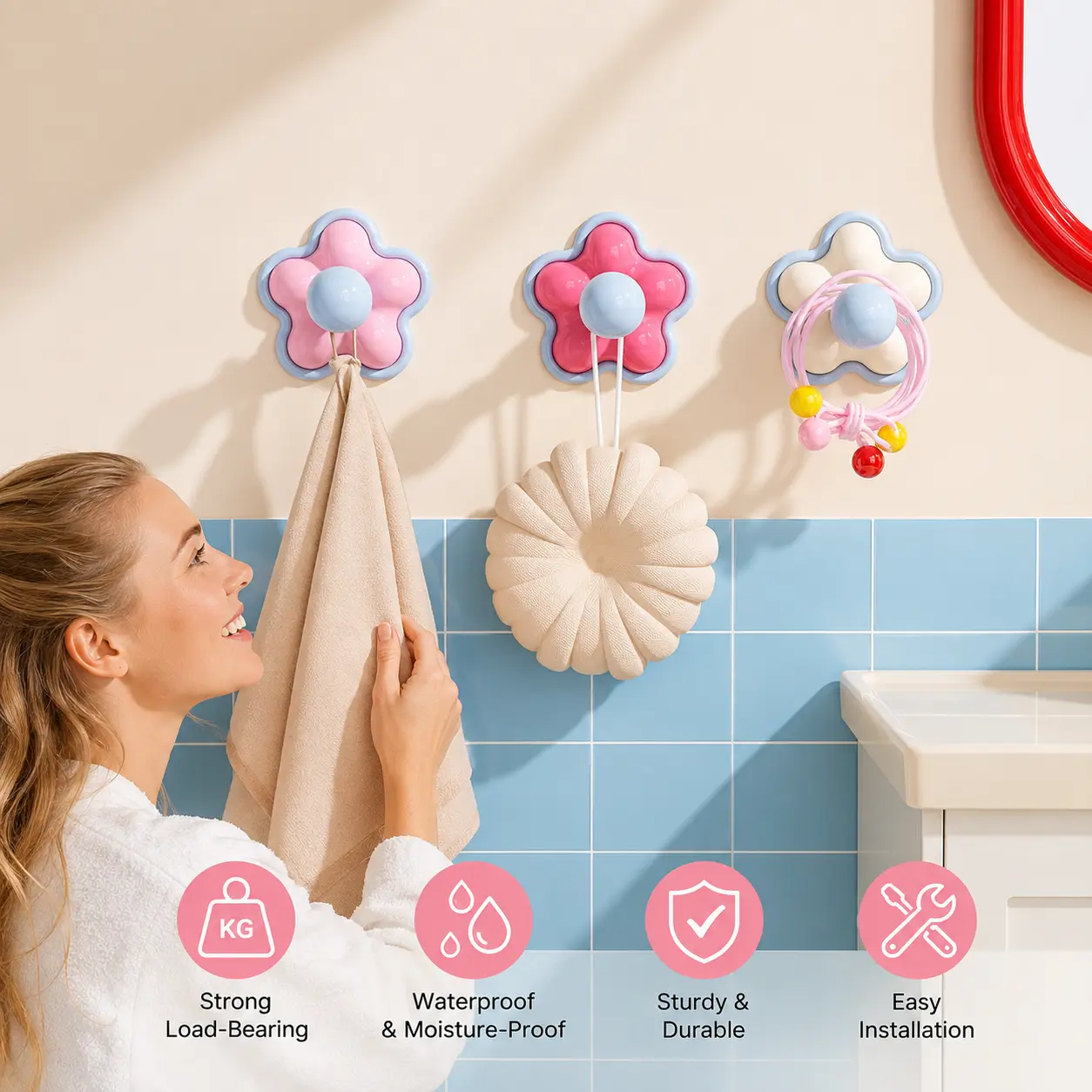 2 Counts, Flower Shaped Adhesive Wall Hooks, No Punching Sticky Hangers for Bathroom Kitchen Hanging Towels Hair Ties and Small Daily Items