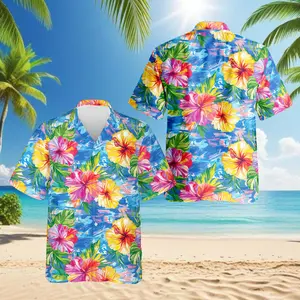 Hibiscus Seas Blue Hawaiian Shirt for Men Women, Button Down Summer Beach Short Sleeve, Tropical Style, Sizes S-5XL
