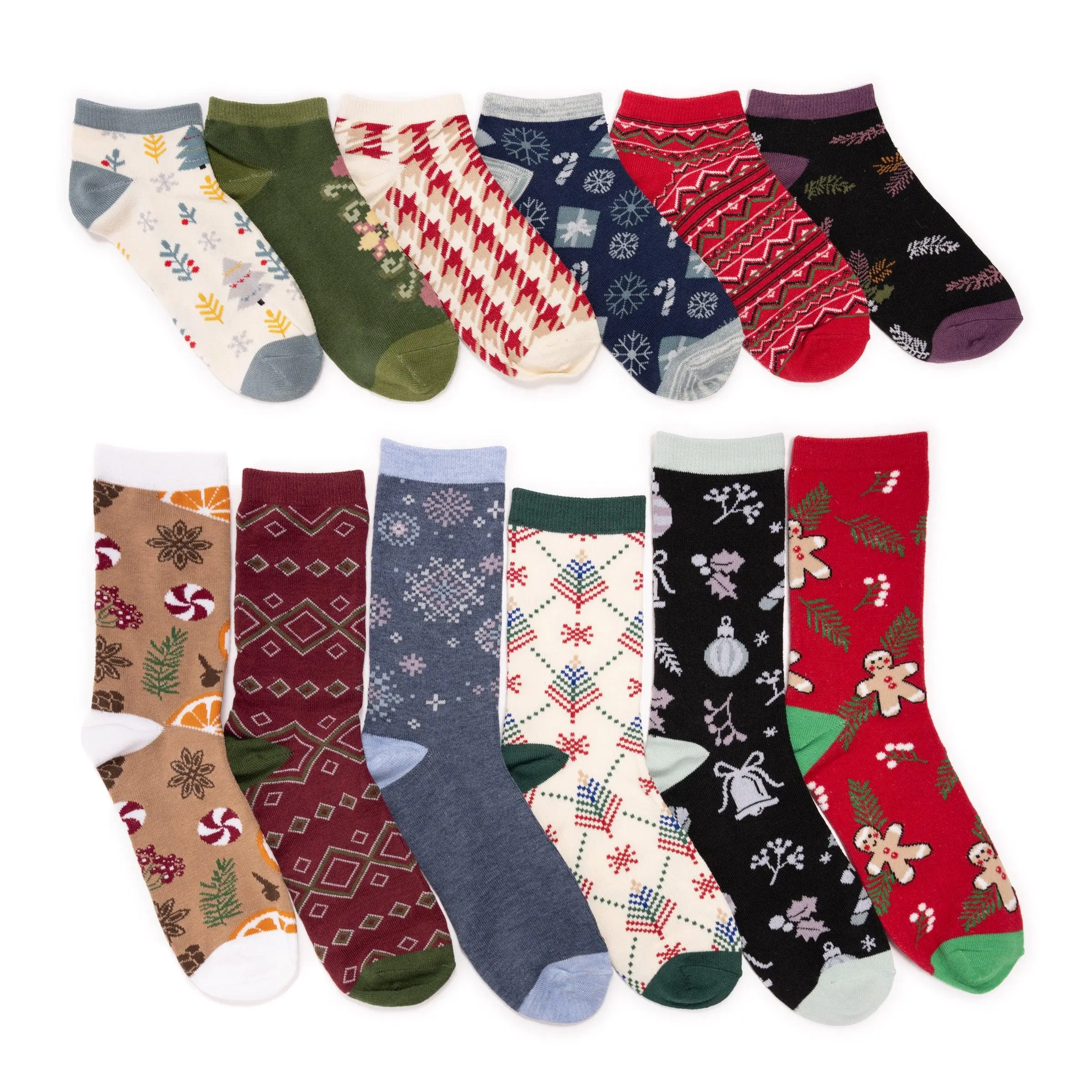 Women's 12 Days of Christmas Socks Advent Calendar, 12-Pair Cozy Holiday Gift Set with a Festive Mix of Casual Crew & No-Show Styles, Fits Shoe Size 6-11, Gift Yourself, Multiple Patterns, Machine Wash, Cold Wash, Twelve Pairs