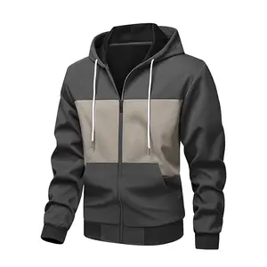 Men's Casual Contrast Panel Hoodie Jacket with Zipper Gray & Khaki Colorblock Drawstring Hood Practical Pocket Trendy Layering Piece for Fall & Winter