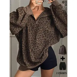 Women's 2pcs Set  Casual Zip Up Front Long Sleeve Leopard Print Sweatshirt,Fall Clothes Top Womenswear