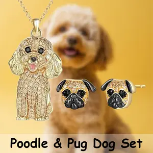 3 Pcs/Set Adorable Golden Poodle & Pug Jewelry Set: Alloy Dog Pendant Necklace & Stud Earrings - Sweet Gift for Her/Him, Family, Friends - Birthday, Christmas, Holiday Present