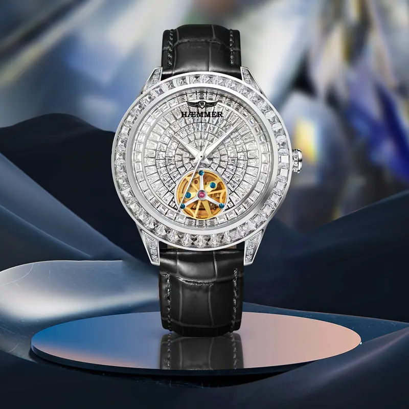 Men's Oval Bling Galaxy Full-Inlaid Diamond Stone Wrist Watch, Automatic Tourbillon Fashion Accessory, Diamond Stone Wrist Watches
