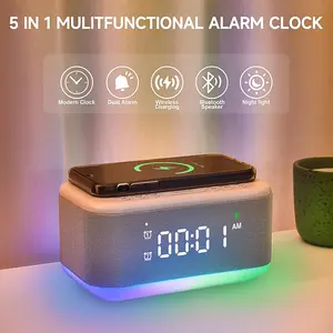 Alarm Clock Speaker Wireless Charger, Digital Alarm Clocks Bedrooms Bluetooth, Alarm Clock Dimmable Light Bedrooms Dual Alarm Snooze Dimmer 12 24H RGB Night Light Bluetooth USB AUX, Gray
