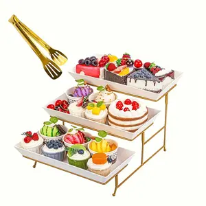 Party supplies dessert display stand, 3-layer dessert stand + dessert clip 2-piece set. Special for birthdays and wedding parties, simple structure and easy to clean. (Gold frame white)