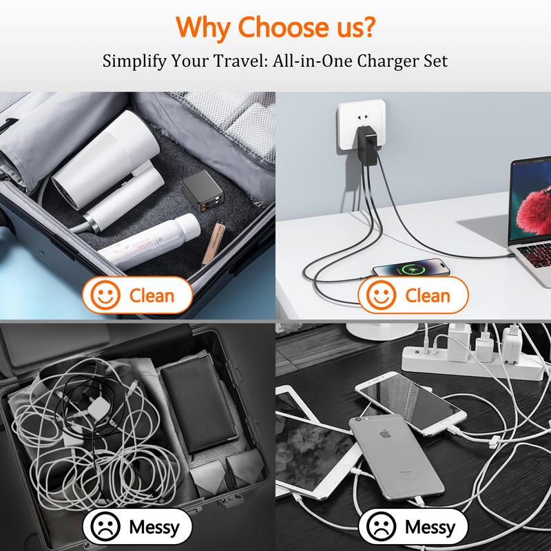 35W Retractable Wall Charger with Dual Cables, 3-Port USB Hub for Fast Charging iPhone 16/15/14/13/12/11, iPad, Samsung, LG & More