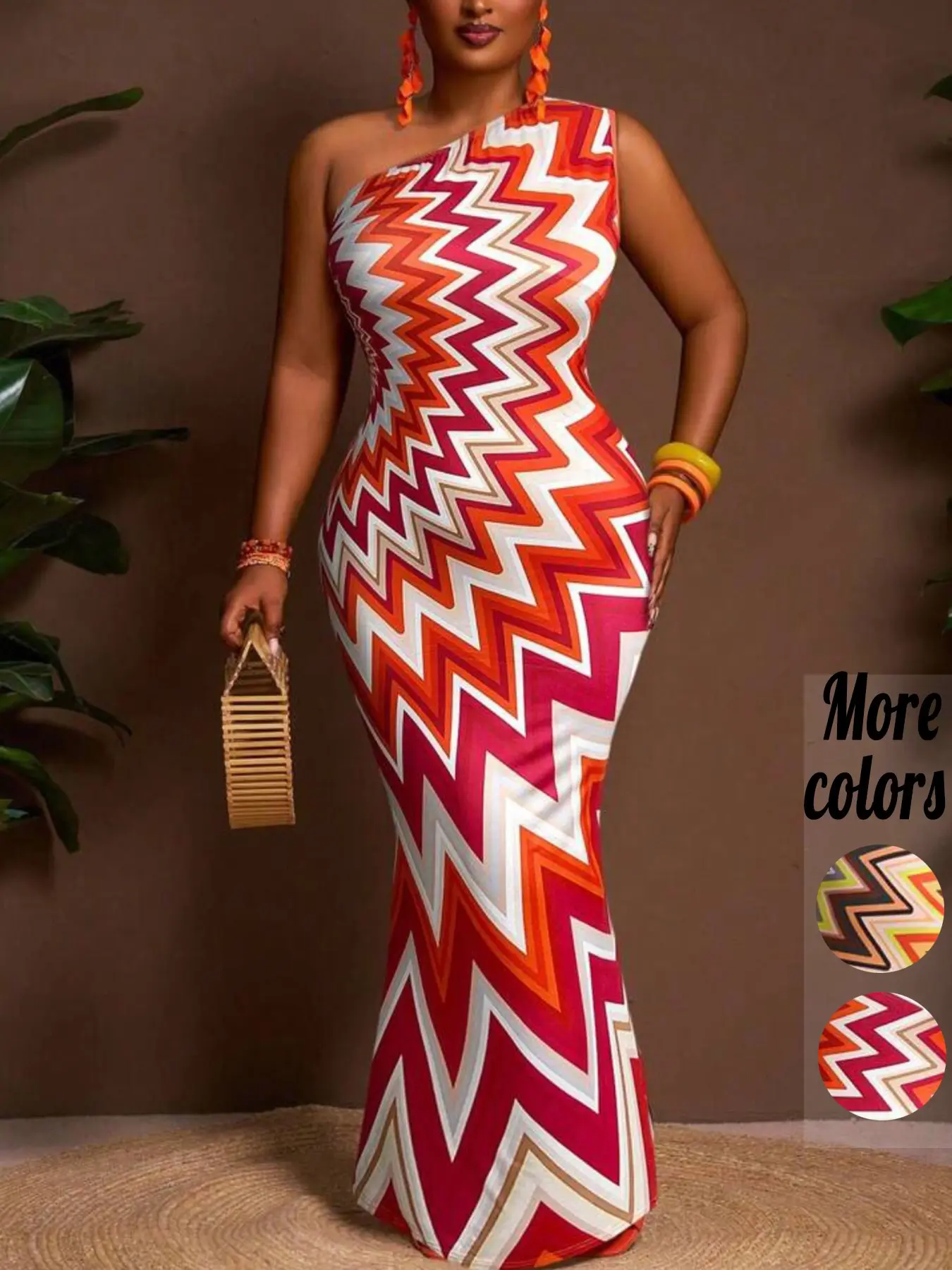 Plus-Size 1 Piece Colorful Zigzag Print One Shoulder, Asymmetrical Bodycon Maxi Dress, Vacation Style, Stretchy Slim-Fit Fabric & Chevron Print Detail, For Curvy Women, Perfect for Beach Getaways, Summer Parties & Resort Wear