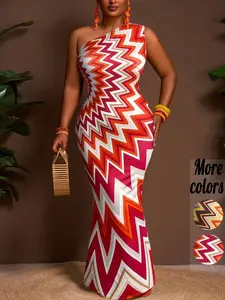 【Plus-Size】1 Piece Colorful Zigzag Print One Shoulder Bodycon Maxi Dress, Bold Vacation Style, Stretchy Slim-Fit Fabric & Vibrant Chevron Print Detail, For Curvy Women, Perfect for Beach Getaways, Summer Parties & Resort Wear, Women's Plus-Size Maxi Dress