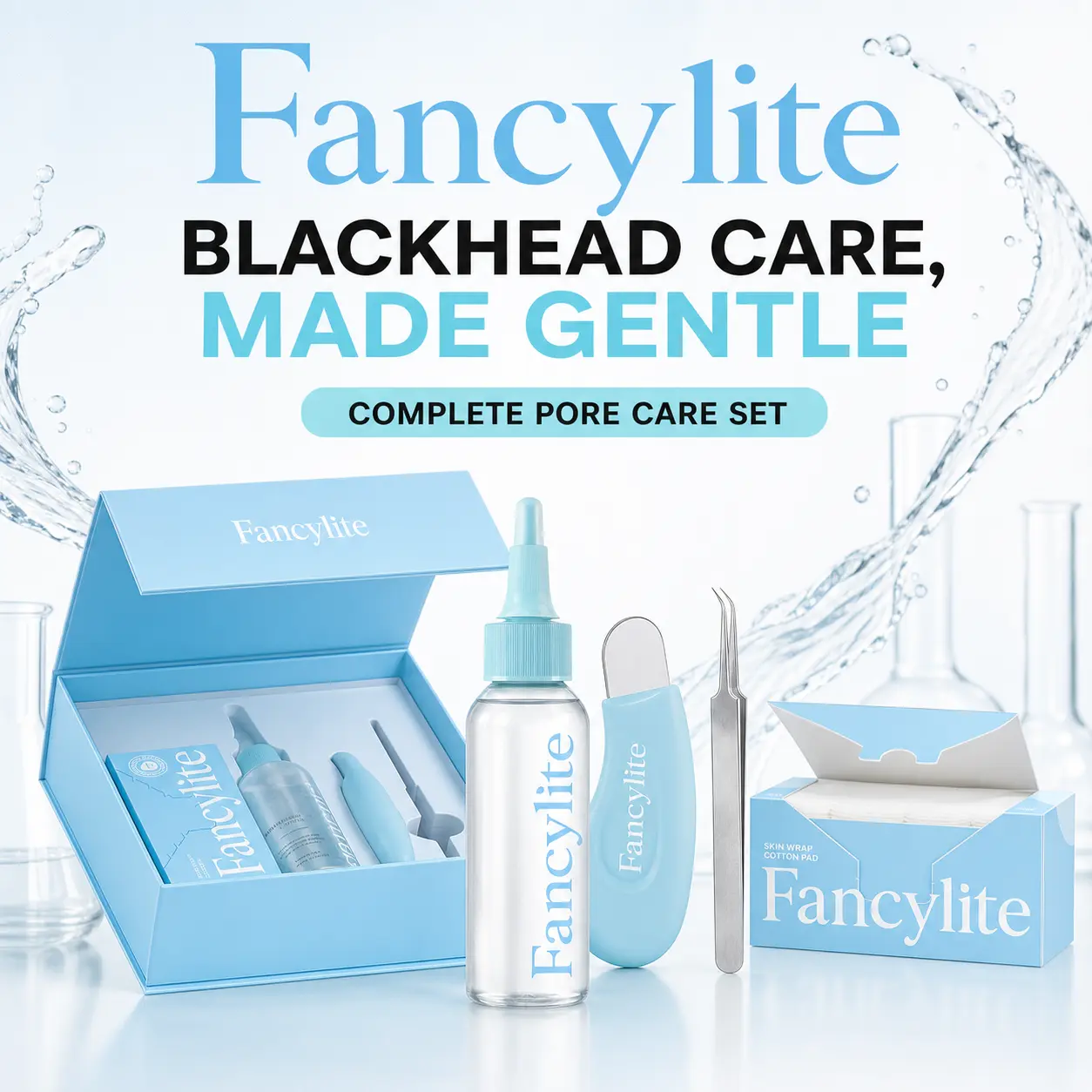 FANCYLITE Pore Care Blackhead Cleansing Duo for Deep Cleansing and Pore Minimizing with Natural Ingredients,Blackhead Remover Tool,3.38 fl oz, with 50 Skin Wrap Cotton Pads Included + Deep Clean Master +Stainless Steel Blackhead Removal Tweezers