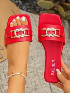 Women's Fashion Solid Color Square Toe Slippers, Comfortable Summer Shoes, Casual PU Leather Sandals, Wide Fit, Plain Style