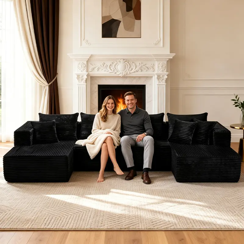 133-inch modular U-shaped sofa for living rooms, deep seat design, corduroy fabric, high-rebound foam for comfort, easy delivery—no installation required; suitable for living rooms, bedrooms, apartments, and home theaters.