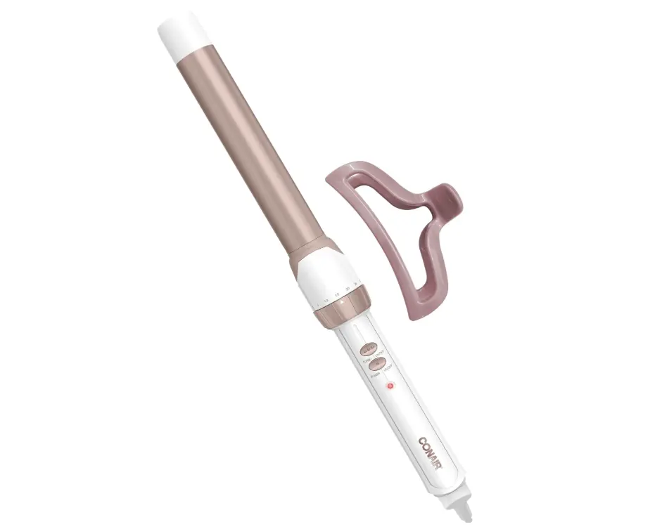 Conair Double Ceramic 1-Inch Curling Wand with Claw Clip, Produces Flawless Waves, Curling Iron for Use on Medium and Long Hair, 30 Heat Setting Curling Iron, White