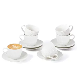 Ceramic Coffee Cups and Saucers Set of 6, 6oz Cappuccino Cups with Delicate Ripple Texture, White Coffee Mugs, Espresso Cups for Tea, Latte, Americano, Gifts for Coffee Lover