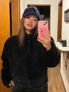 Women's Autumn Winter Fleece Jacket, Half-Zip Stand Collar Design, Casual Loose-Fit Plain Style, Warm & Comfortable for Daily Wear